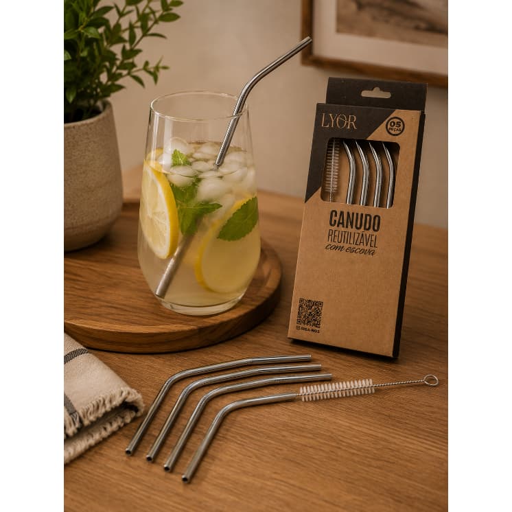 KIT COM 4 CANUDOS DE AÇO INOX REUTILIZÁVEIS COM ESCOVA PARA LIMPEZA 21,5CM - LYOR - 220463