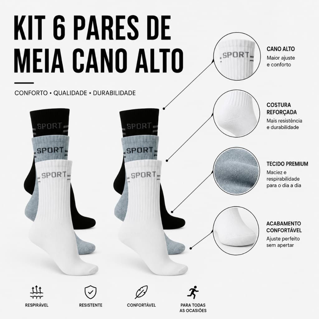 Kit 6 Pares de Meia Cano Alto Longo Médio Masculino Feminino