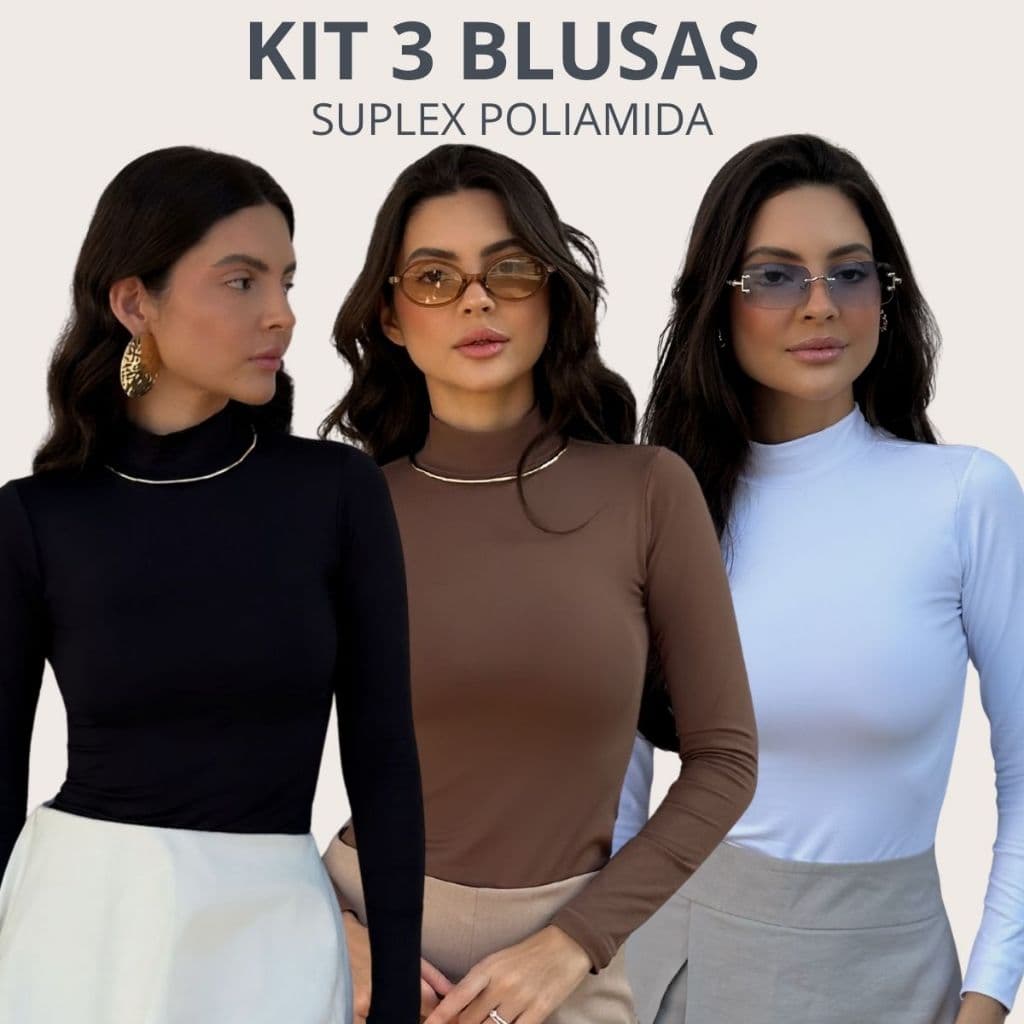 Kit 3 Blusa Manga Longa Gola Alta Viagem Slim Fit Básico Inverno Noite