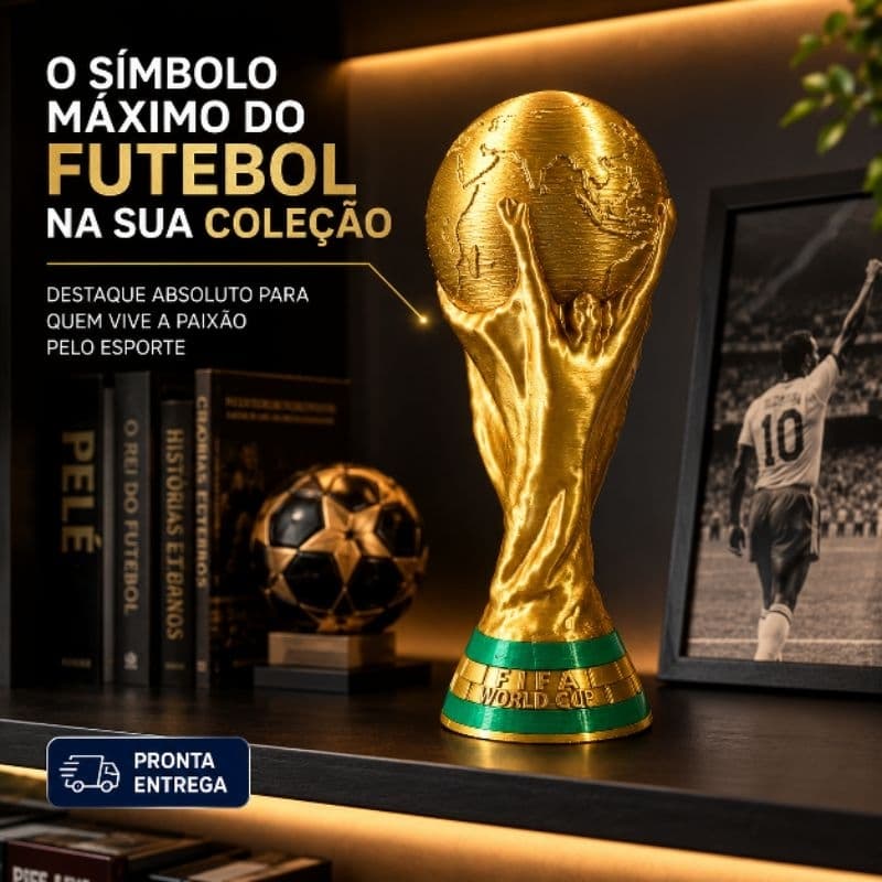 Taça Copa Do Mundo Decorativa Em PLA Silk Dourado | Troféu Futebol Colecionável