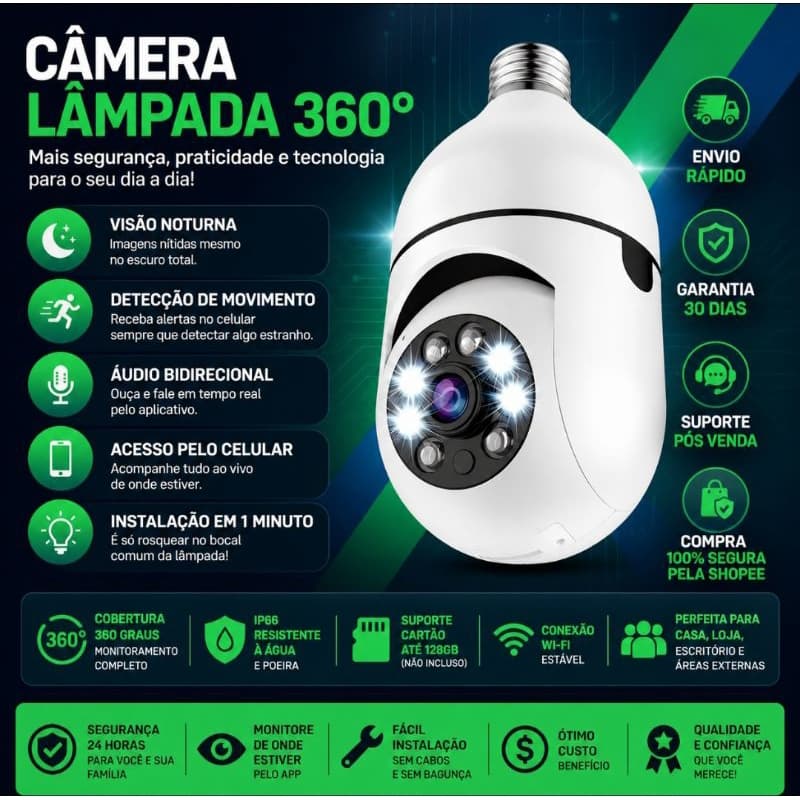 Câmera de Segurança Wifi Lâmpada 360 Espiã Full Hd