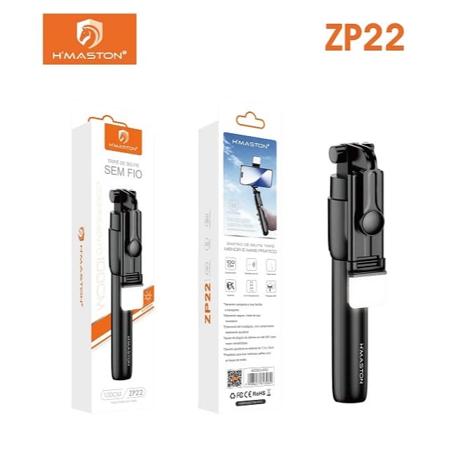 Pau de Selfie Tripé Bluetooth H'Maston ZP22 100cm com Luz LED Controle Remoto 360° Universal