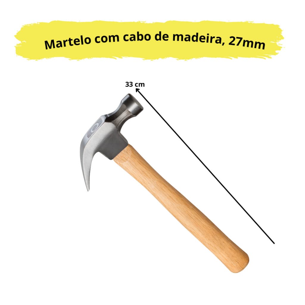 Martelo C/ Cabo Madeira 33CM Cabeça De Aço 27MM Unha Curvada Arranca Prego