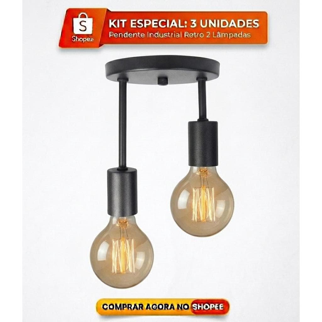 x3 Lustre Luminária Plafon Retrô Industrial Duplo Sobrepor Teto Moderno