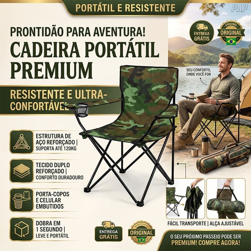 Cadeira de campismo dobrável reforçada (com bolsa de arrumação e suporte para copos)