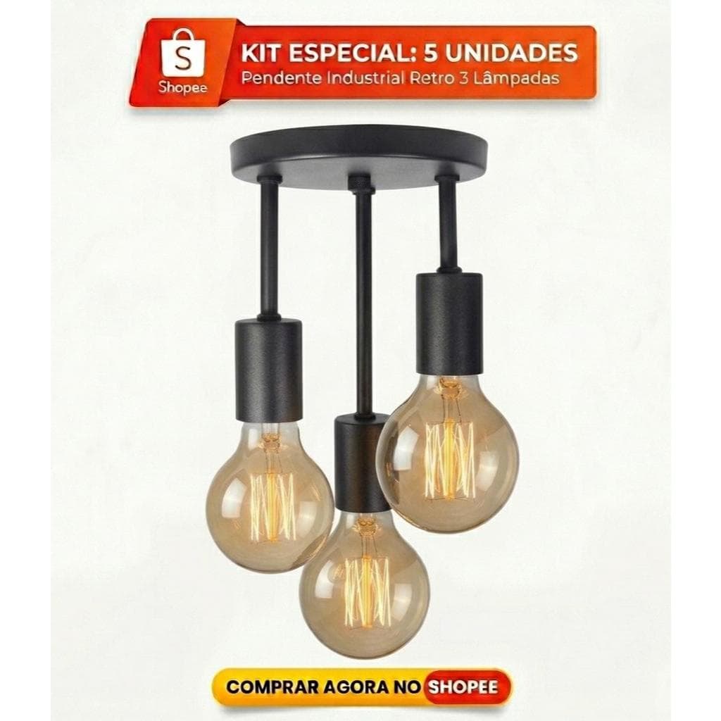 x5 Lustre Luminária Plafon Retrô Industrial Triplo Sobrepor Teto Moderno