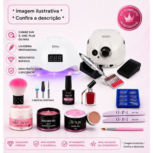 Kit Manicure unha + Motor Lixadeira Porquinho 50.000 RPM + Cabine Sun 5 Nail Designer Profissional