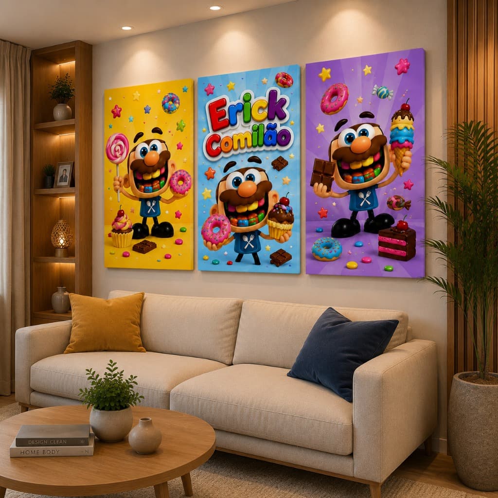 Kit 3 Quadros Decorativos Jose Comilão Infantil Colorido Divertido Gourmet Doces Cartoon