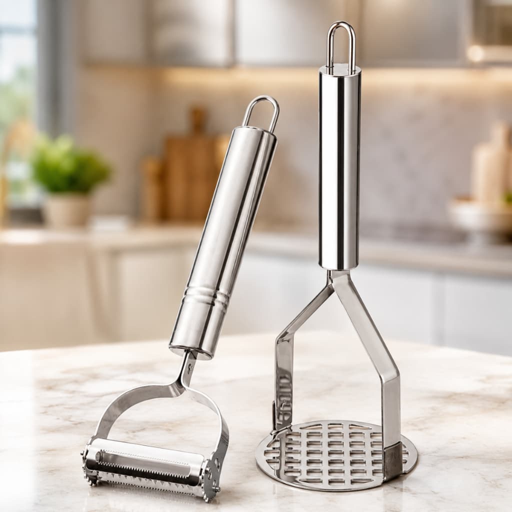 Amassador de Batatas + Descascador de Legumes Aço Inox Para Cozinha Cozinhar Espremedor