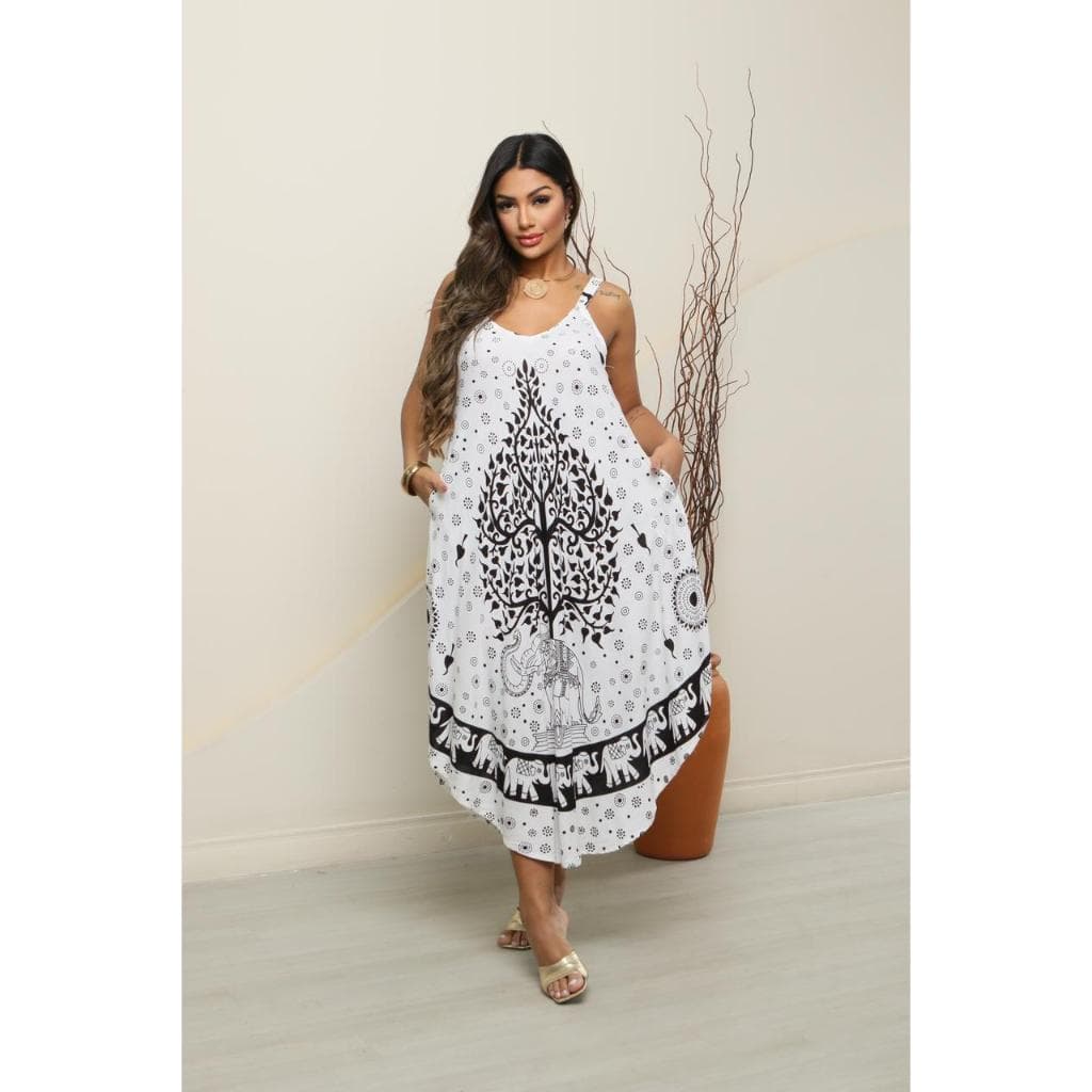 Vestido Longo Trapézio Boho Indiano Estampa Elefante e Árvore da Vida Feminino Tamanho Único