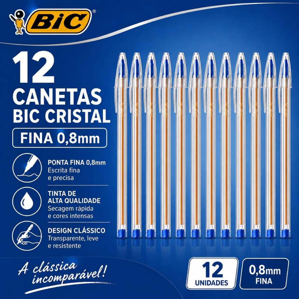 KIT 12 CANETAS BIC CRISTAL PONTA FINA AZUL 0,8mm CANETA ESFEROGRAFICA ESCOLAR/ESCRITORIO