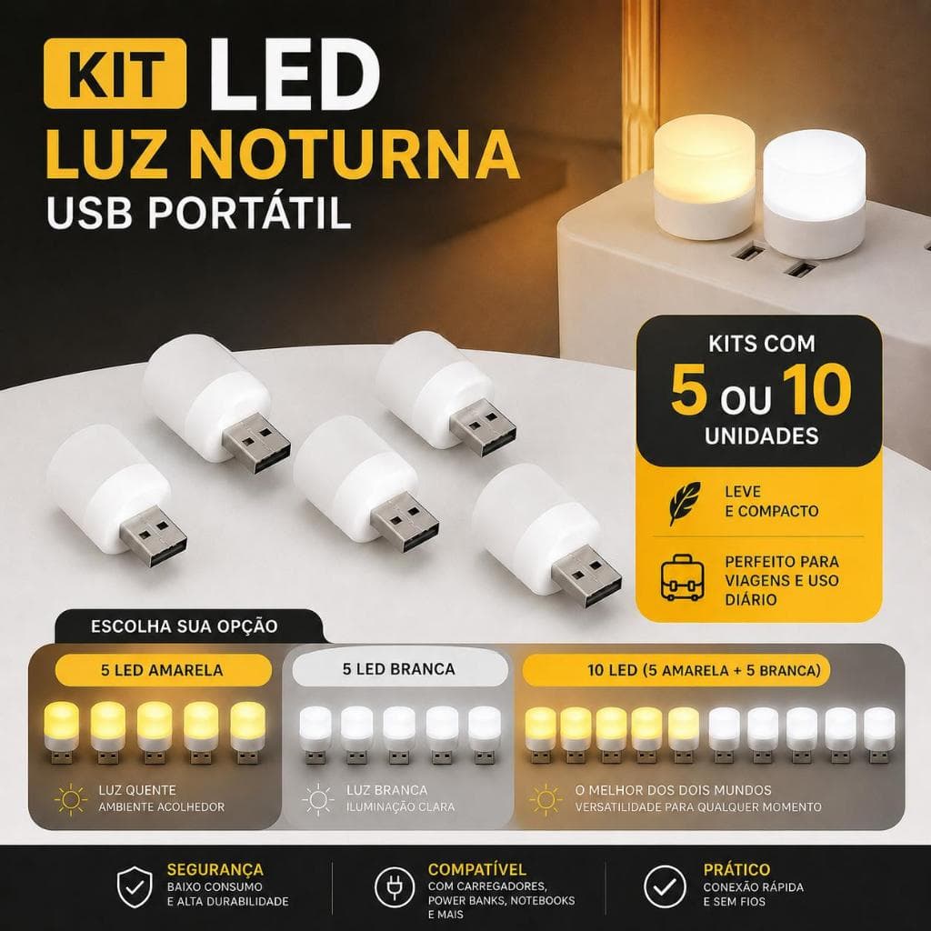 Kit Mini Lâmpada LED USB 1W Luz Noturna Portátil Kit 5 ou 10 Unidades Branca e Amarela Compatível Notebook Power Bank