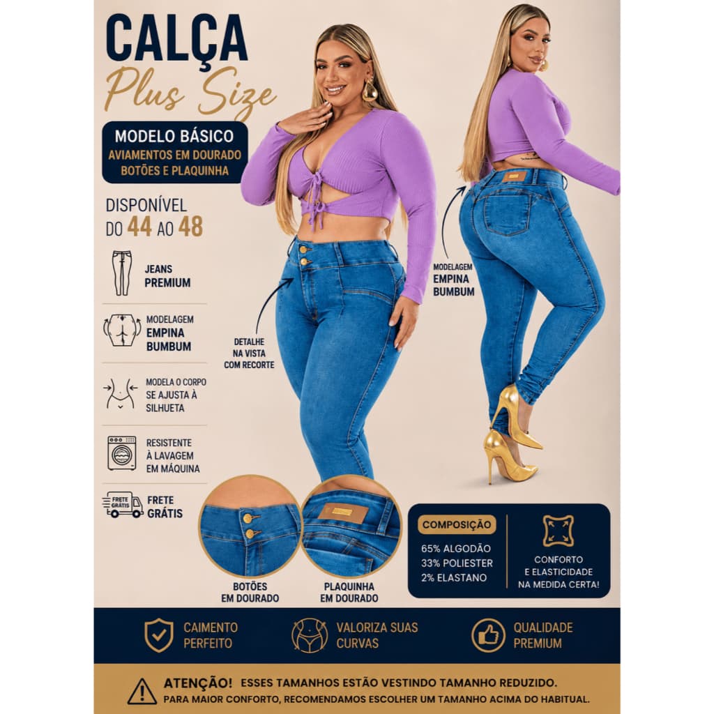 Calça Jeans Feminina Plus Size Chic Lady Cintura Alta  Empina BumBum C/ Lycra