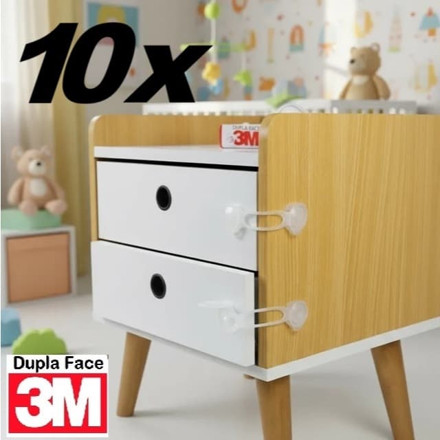 Kit 10 Travas de Gavetas Transparente Bebê Proteção - Fixação 3M