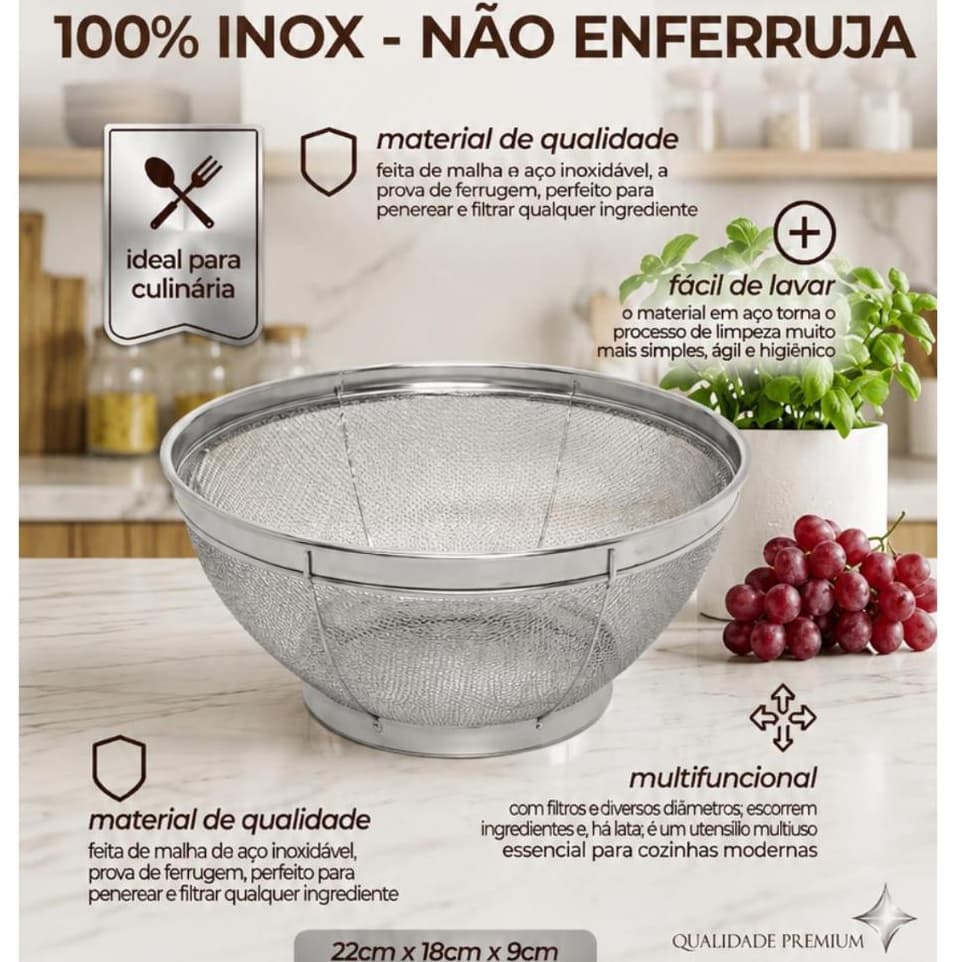 Cesto Coador Escorredor Inox Malha Fina 22cm Multiuso Arroz Frutas Legumes Peneira Drenador