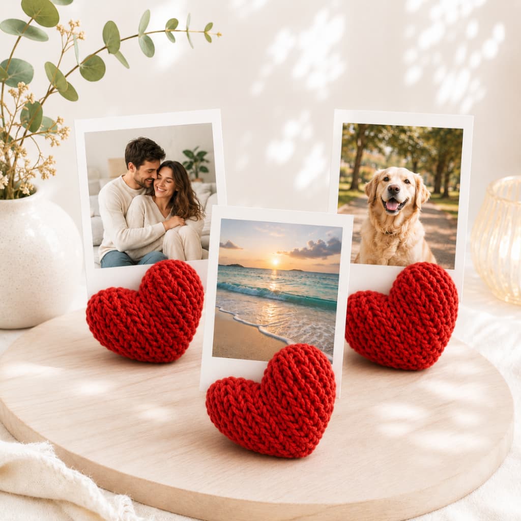 Kit Porta Foto Coração Tricô Decoração Suporte Para Polaroid Lembrancinha 3, 5, 10 ou 15 Unidades