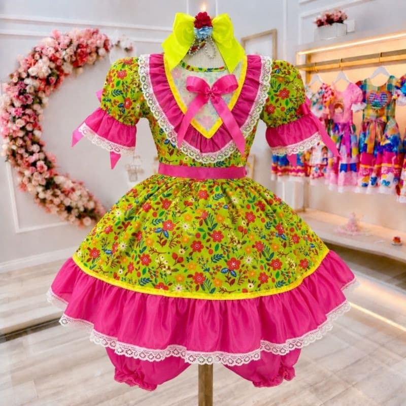 Vestido Junino Infantil  Caipira Completo Festa Junina Menina Com  Laço Luxo