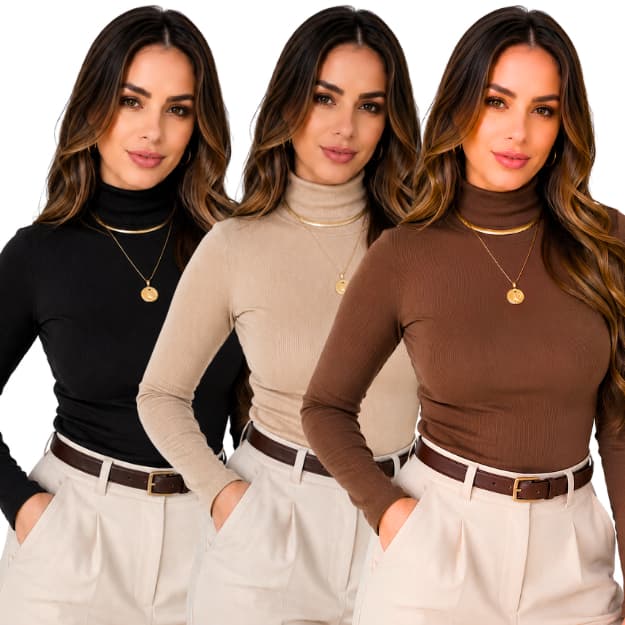 Kit 3 Blusas Feminina Canelada Gola Alta Manga Longa Inverno Blusas Femininas