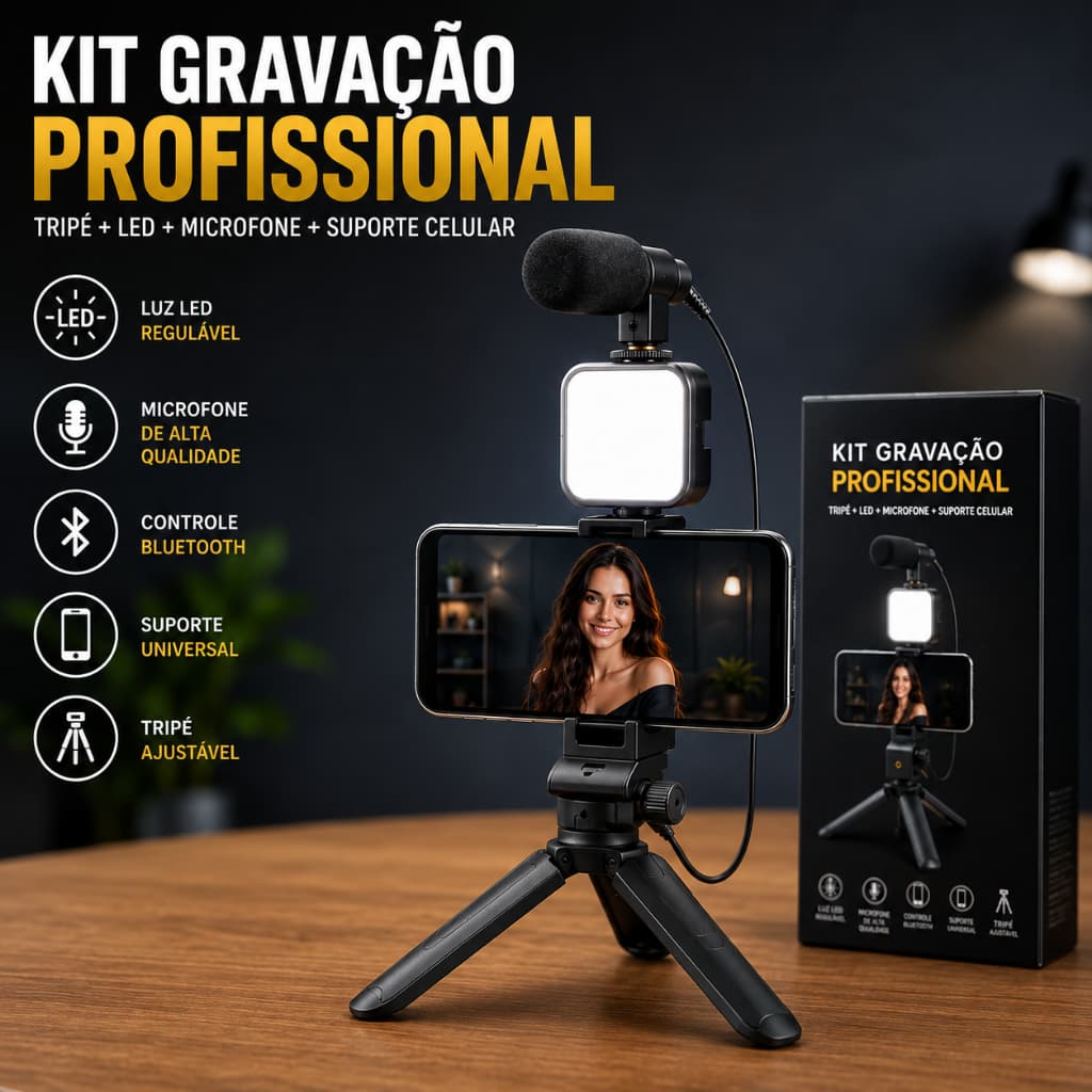 Kit Gravação Tripé com LED e Microfone para Celular Bastão Selfie Bluetooth criador de conteúdo