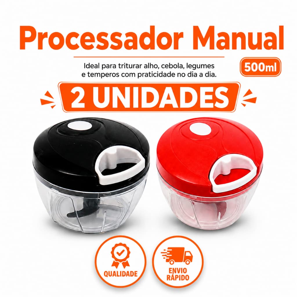 Kit 2 Unidades Processador de Alimentos Manual Cordinha 500ml 3 Lâminas Afiadas Alho Cebola Tomate