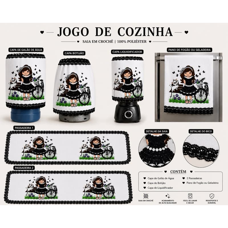 Kit Cozinha 6 Peças Oxford com Crochê e Bico | Jogo de Cozinha Completo
