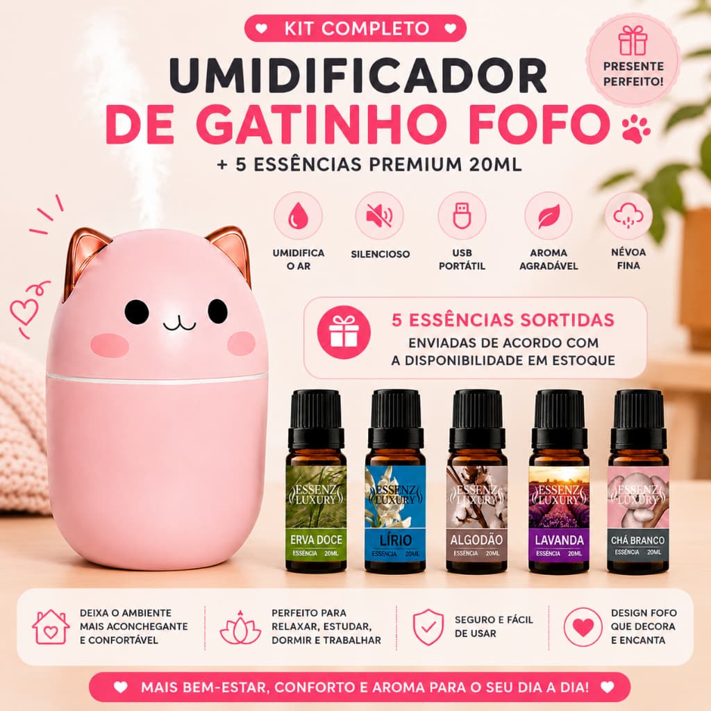 Kit Mini 1 Umidificador Gato + 5 Essências | KIT RELAXANTE | Umidifica Difusor Aromatizador Ambiente