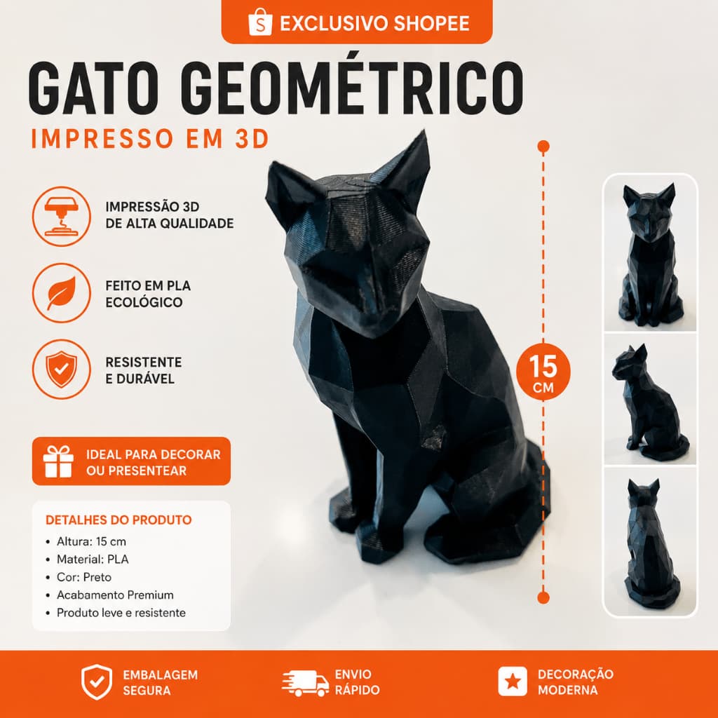 Gato Decorativo Geométrico 3D Preto 15cm | Decoração Moderna Low Poly Premium