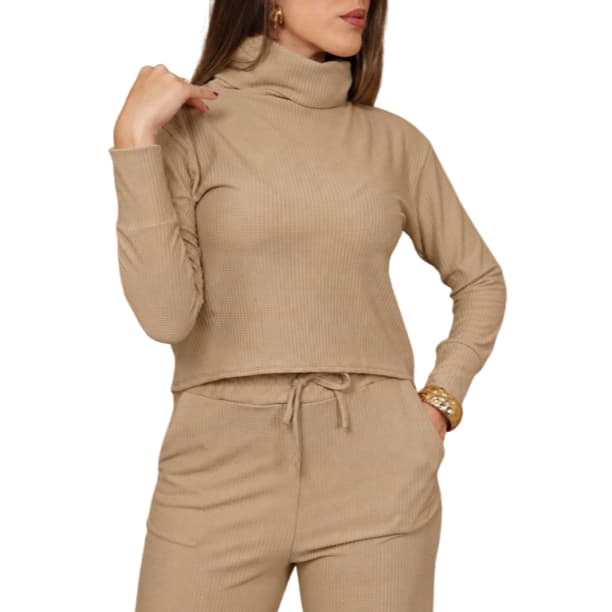 Conjunto Ana Ruga Canelado Texturizado Feminino Outono Inverno Calça Pantalona e Blusa Gola  Alta Ideal Para Frio