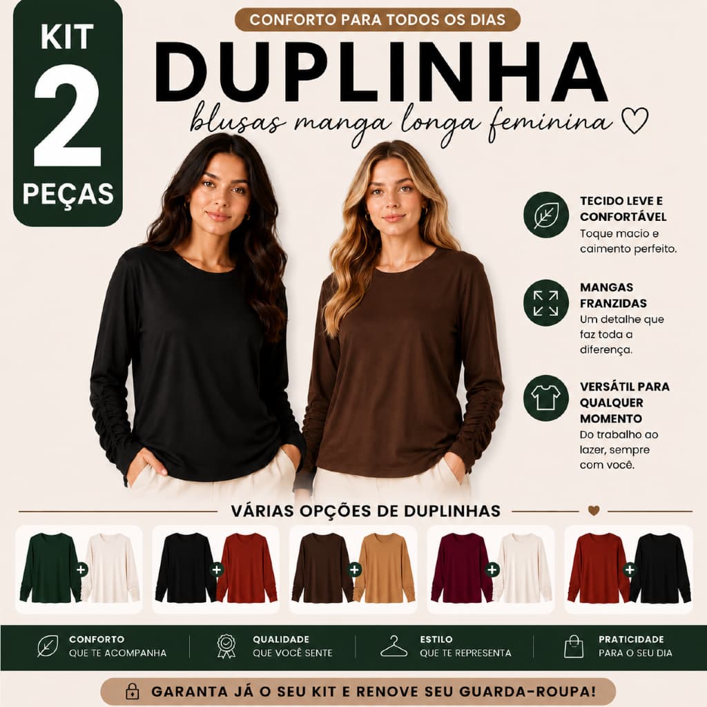 Blusa Feminina Manga Longa - Kit 2 Peças - Meia Estação Confortável Casual Estilosa Várias Cores