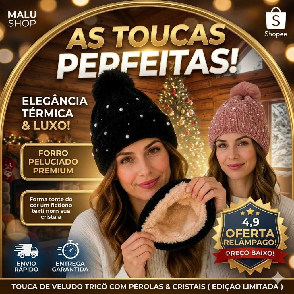 Touca Feminina De Tricô Forrada Com Pérolas E Cristais Gorro De Lã Inverno Strass Luxo Confortável Pompom Pelinho Gorro