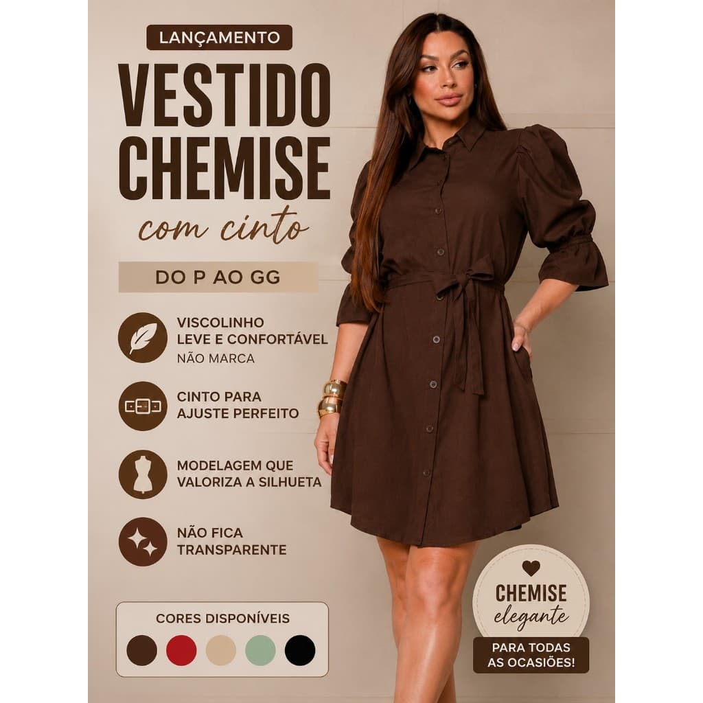 Vestido Chemise Feminino Midi Com Cinto Manga Bufante Viscolinho Elegante Evangélico