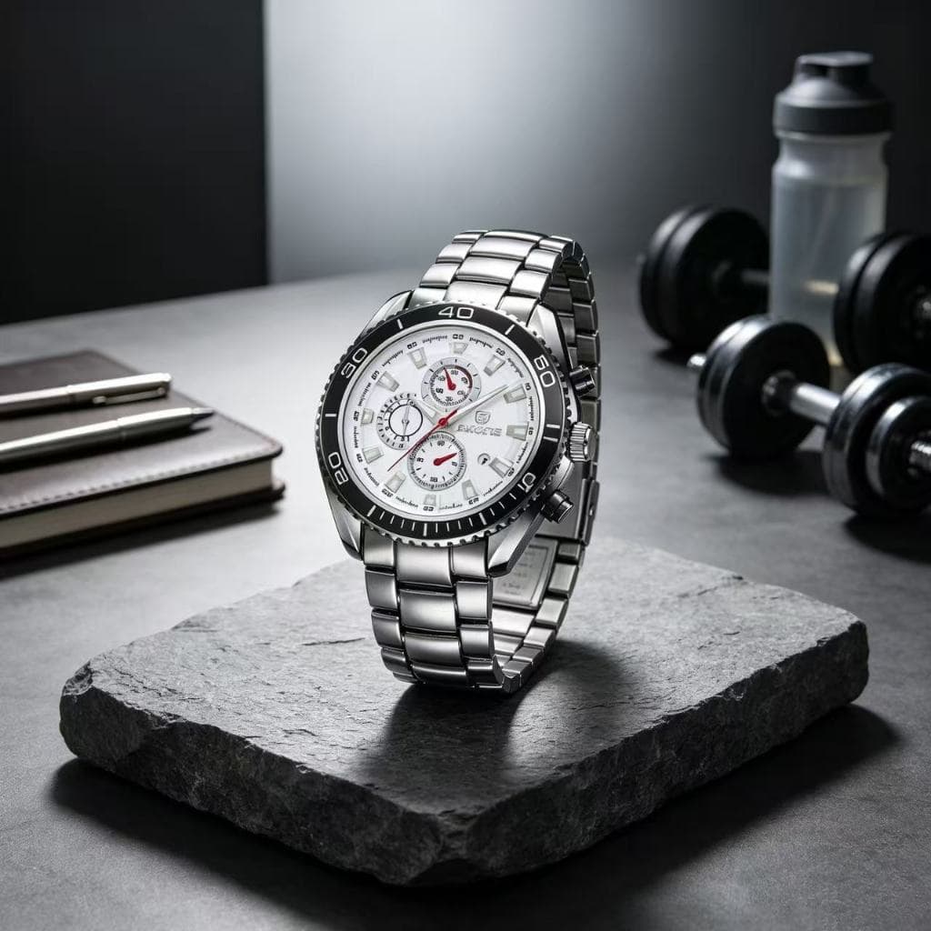 Relógio Masculino Cronógrafo Esportivo – Bisel de Cerâmica, Quartzo com Calendário, Pulseira de Aço e 30m à Prova d’Água