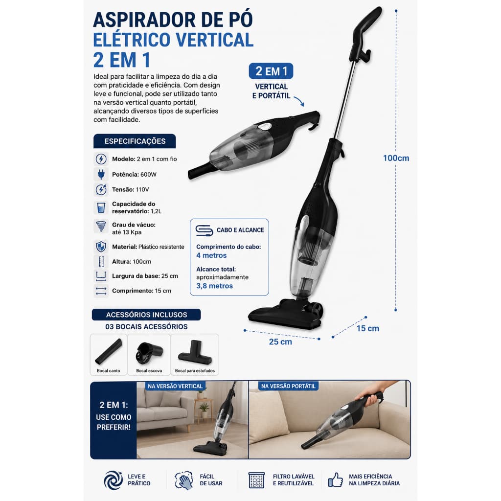 Aspirador Pó Elétrico 2 Em 1 Com Fio 110V Portátil Vertical