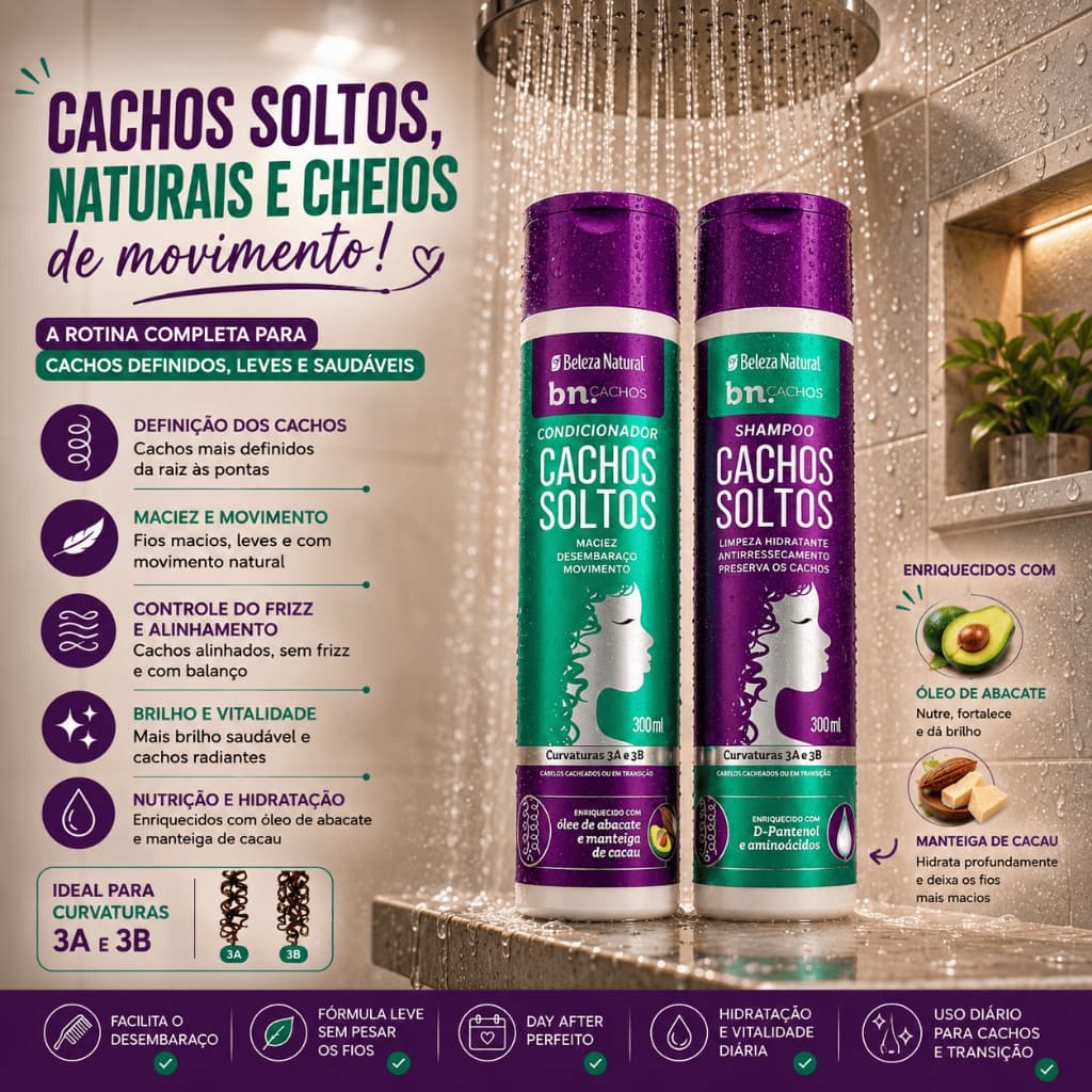Kit Shampoo + Condicionador Cachos Soltos Beleza Natural bn.Cachos 300ml Cabelos Ondulados e Cacheados 3A 3B Hidratação