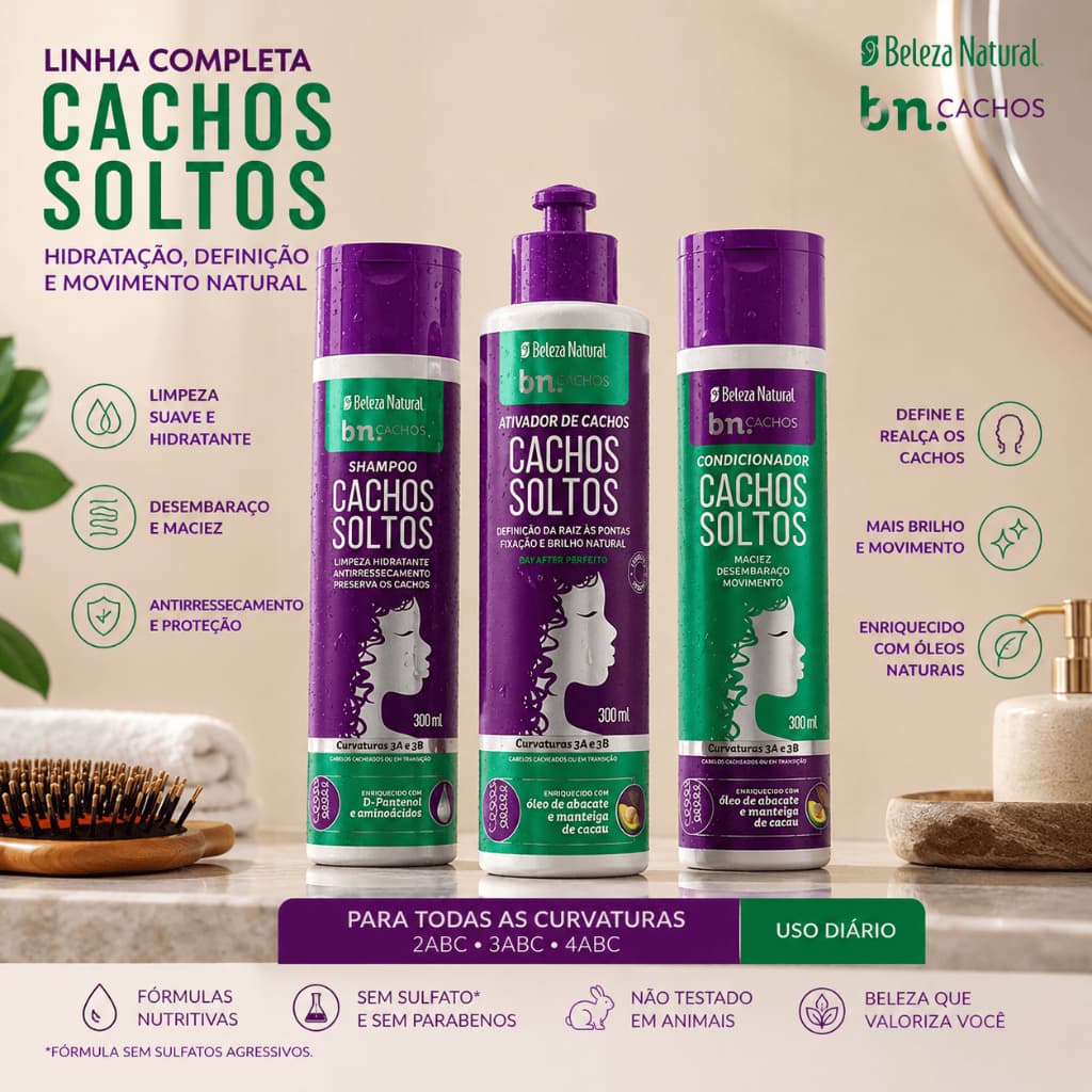 Kit 3 Cachos Soltos Beleza Natural bn.Cachos Shampoo + Condicionador + Ativador 300ml Cabelos Ondulados Cacheados 3A 3B