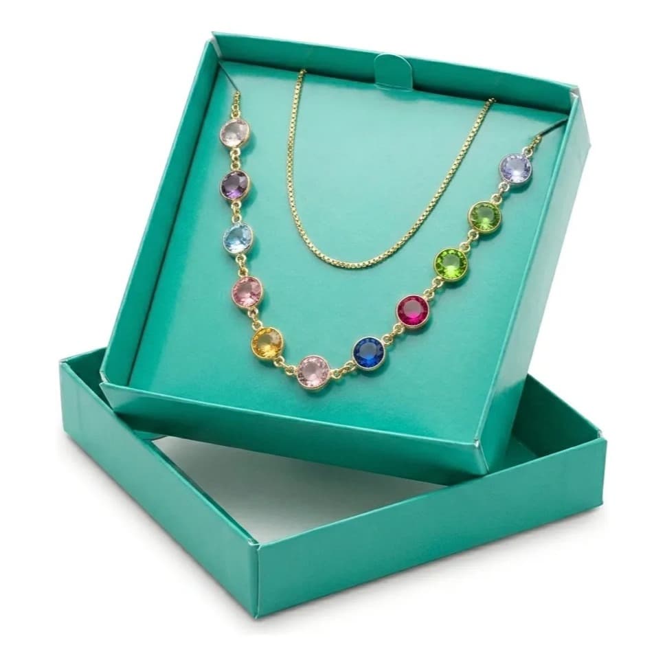 Colar Feminino Multicolorido Folheado Ouro Colorido Moderno Elegante Acessório Luxo