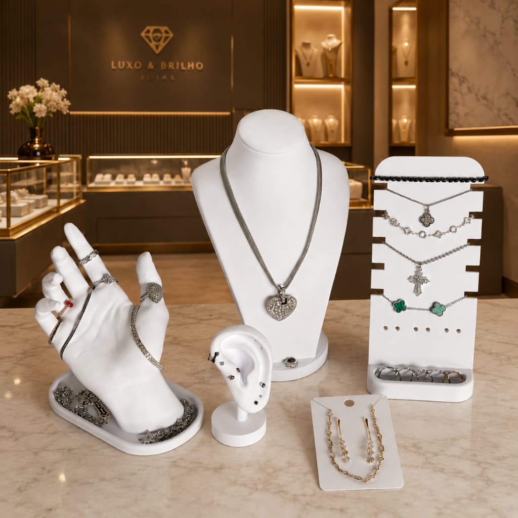 Kit Expositor De Joias Semijoias Bijuterias Porta Colar Brincos Anéis Pulseiras Mostruário Loja Vitrine