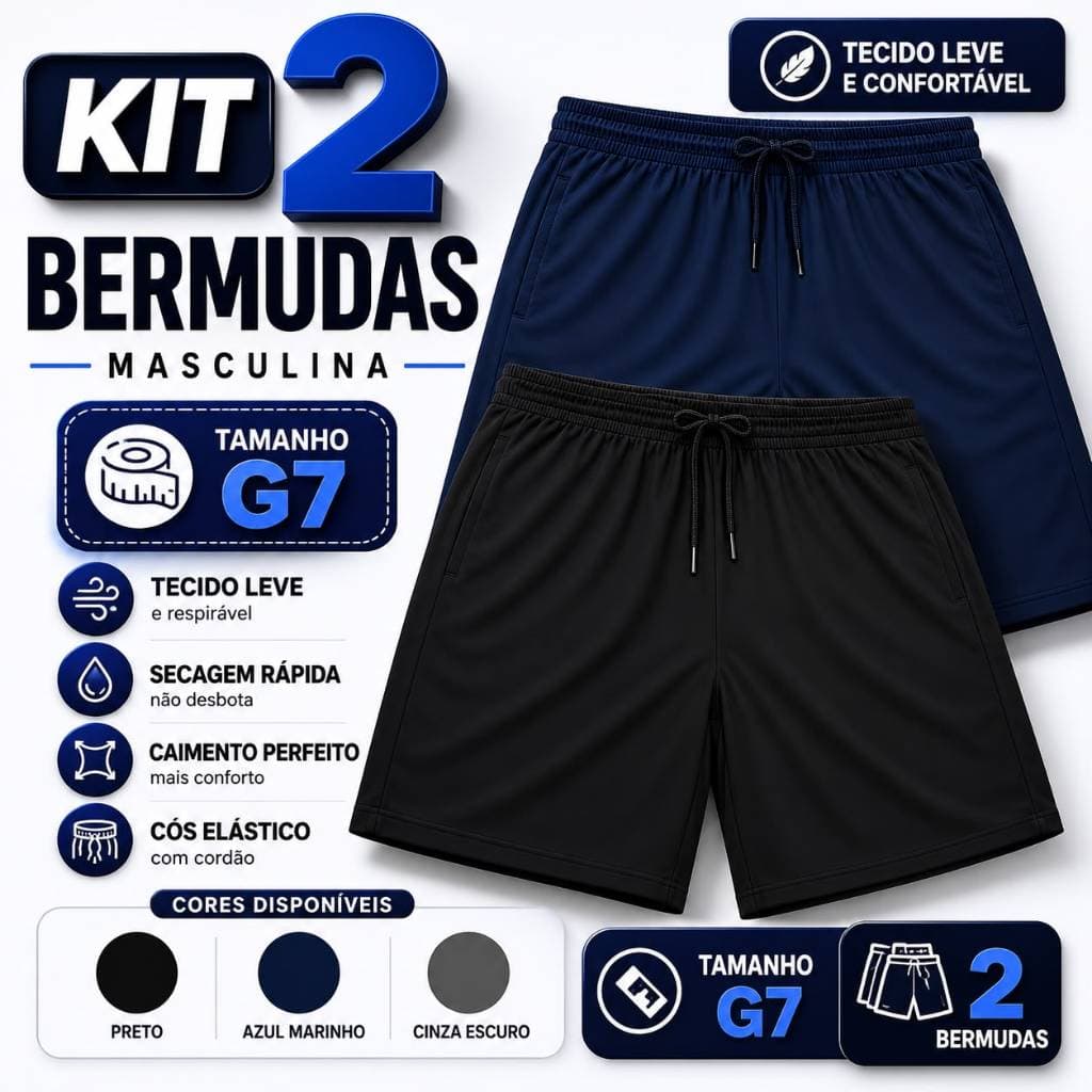 Kit 2 Bermudas Masculina Plus Size G7 Lisa Com Bolso e Elástico
