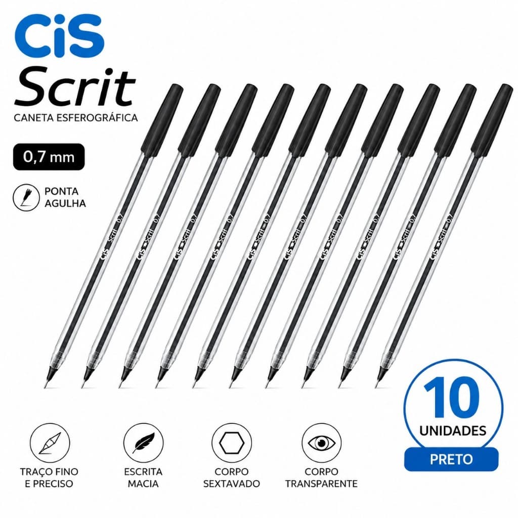Caneta Cis Scrit Esferográfica Ponta Agulha 0,7mm com 10 unidades (Preta)