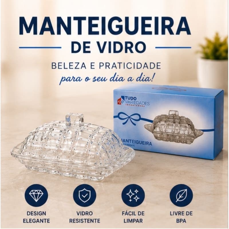 Manteigueira de Vidro Transparente com Tampa Porta Manteiga Elegante para Mesa e Cozinha