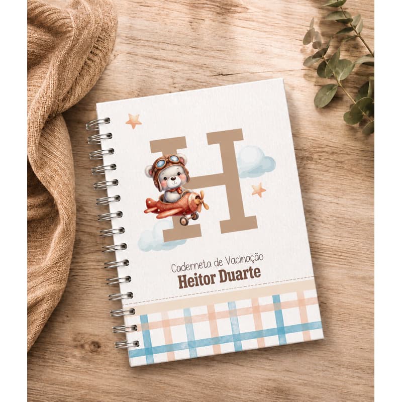 Caderneta de Vacinação Personalizada Menino | Ursinho Aviador com Nome
