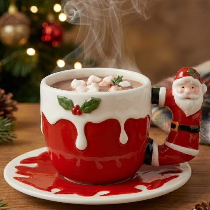 Xícara De Natal Porcelana Com Pires Papai Noel 370ml | Xícara Temática Natalina Premium Decoração