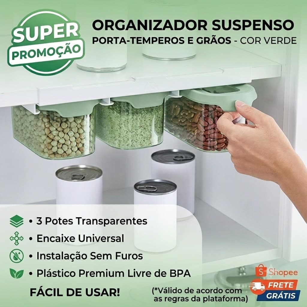 Kit 3 Potes Herméticos com Tampa e Suporte Verde Organizador para Alimentos e Temperos
