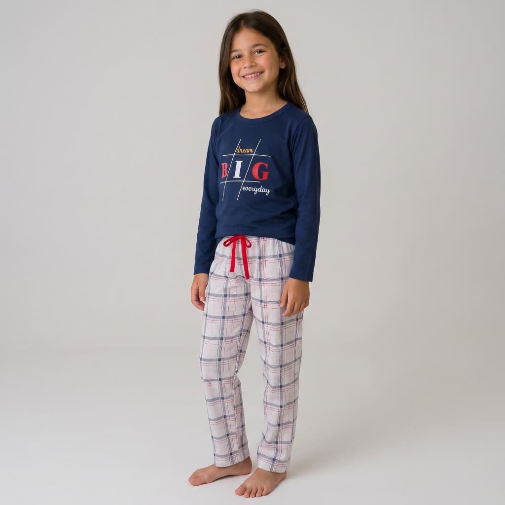 Pijama Feminino Infantil Xadrez Manga e Calça Comprida Inverno Malha Leve Conforto