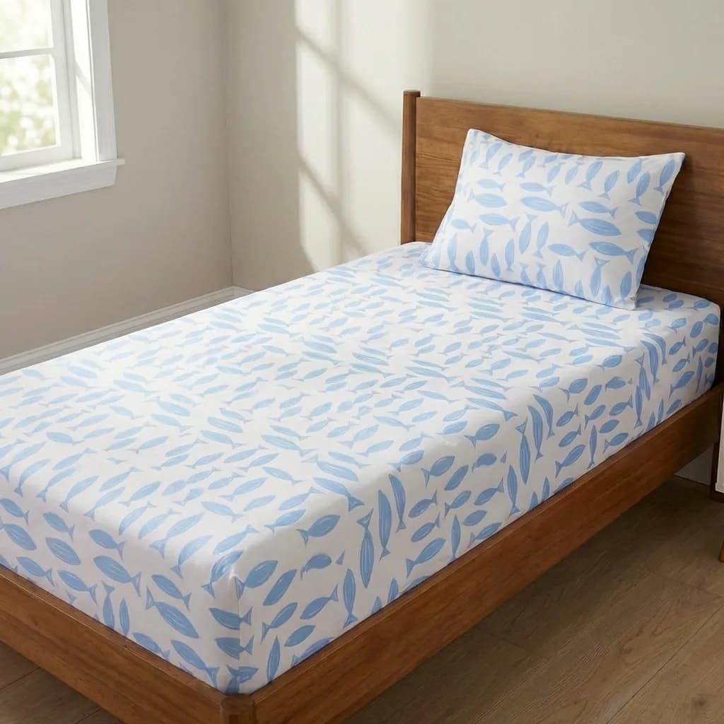 Jogo de Lençol Com Elástico Solteiro Basic Estampado - Jogo de Cama 2 Peças Estampa Sardinha Azul 180 Fios