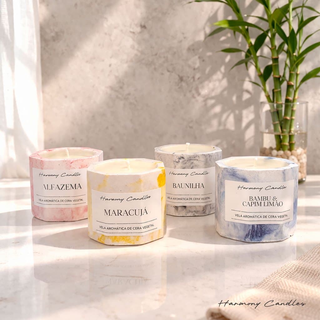 Kit 4 Velas Aromáticas Artesanal Potinho Cimento Geométrico Octagonal - Harmony Candles
