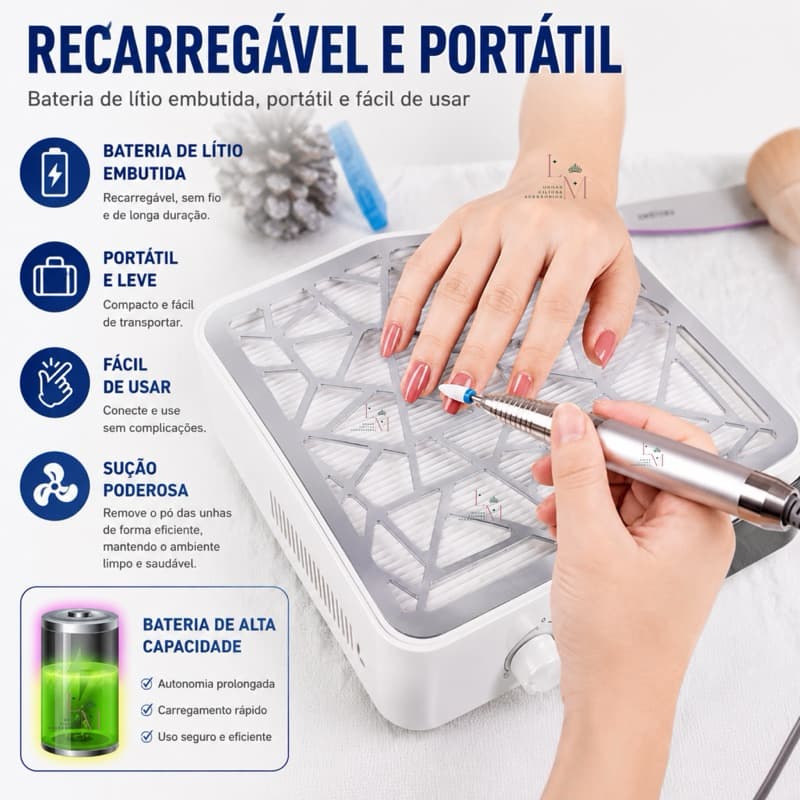 Coletor Sugador de Pó Para Unhas Recarregavel Alta Potência Com Visor Nail Designer Manicure Dafu