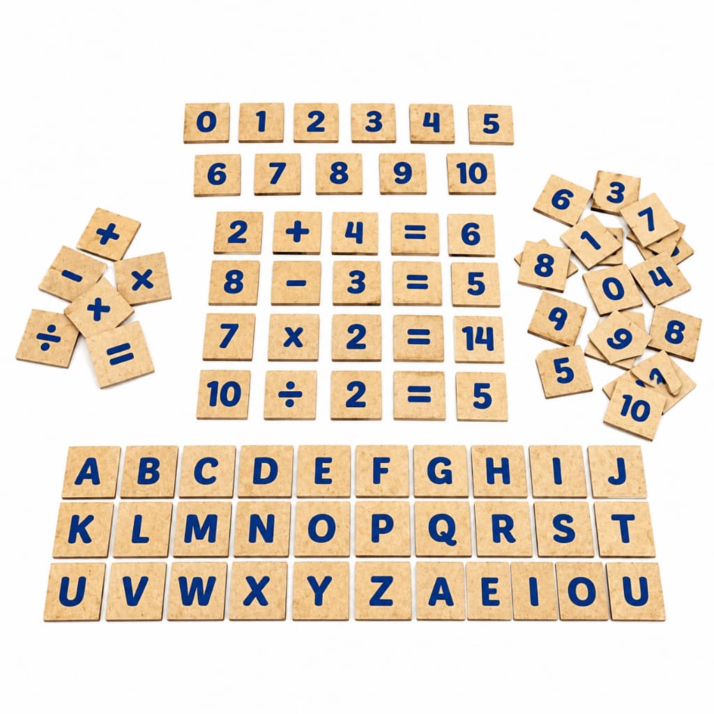 Kit Pedagógico Alfabetização Completo Letras e Números MDF 140 Peças Educativo Infantil Matemática e Português +5 Anos