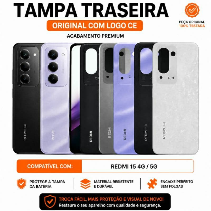 Tampa Traseira Redmi 15 4G / 5G Original Com Logo CE Capa de Trás Carcaça Capa Da Bateria Proteção