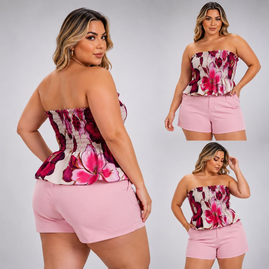 Conjunto femenino short alfaiteria e cropped con babado